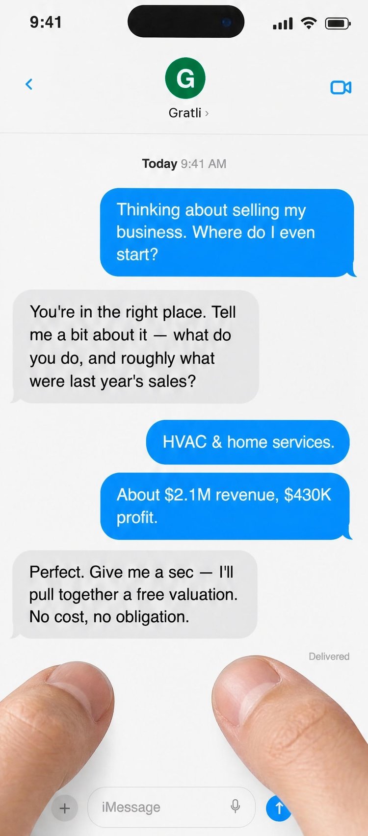 iMessage thread between a business owner and Gratli